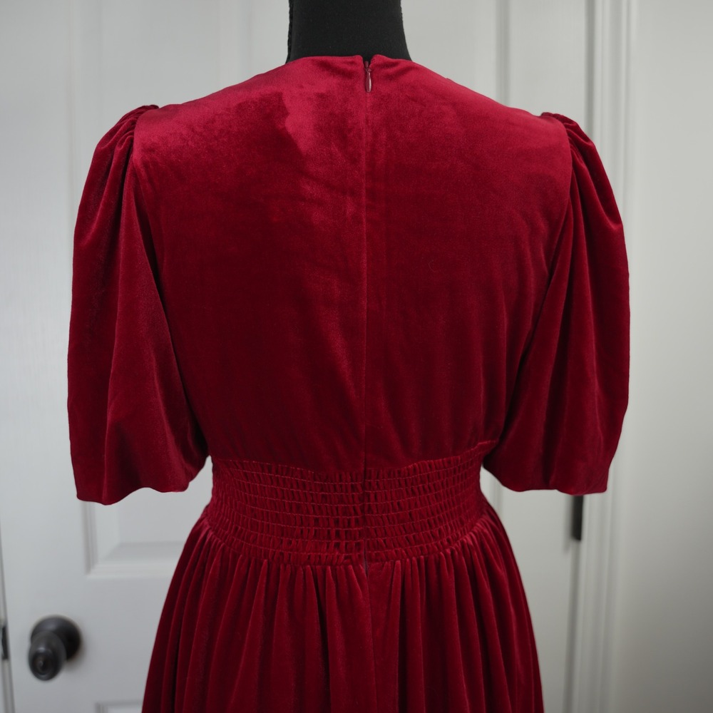 Antonio Melani‎ Red Velvet V-Neck Smocked Waist Ruffle Mini Dress Size 2 Holiday - Picture 6 of 15